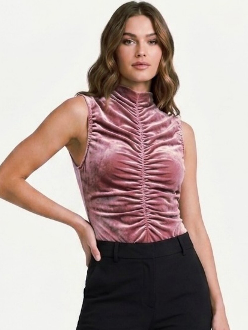 LIZ & SARA  Ruched Mockneck Body Suit In Dusty Rose Size Small